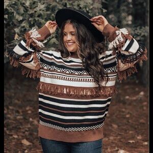 AndTheWhy Multicolor Round Neck Striped Sweater with Fringe